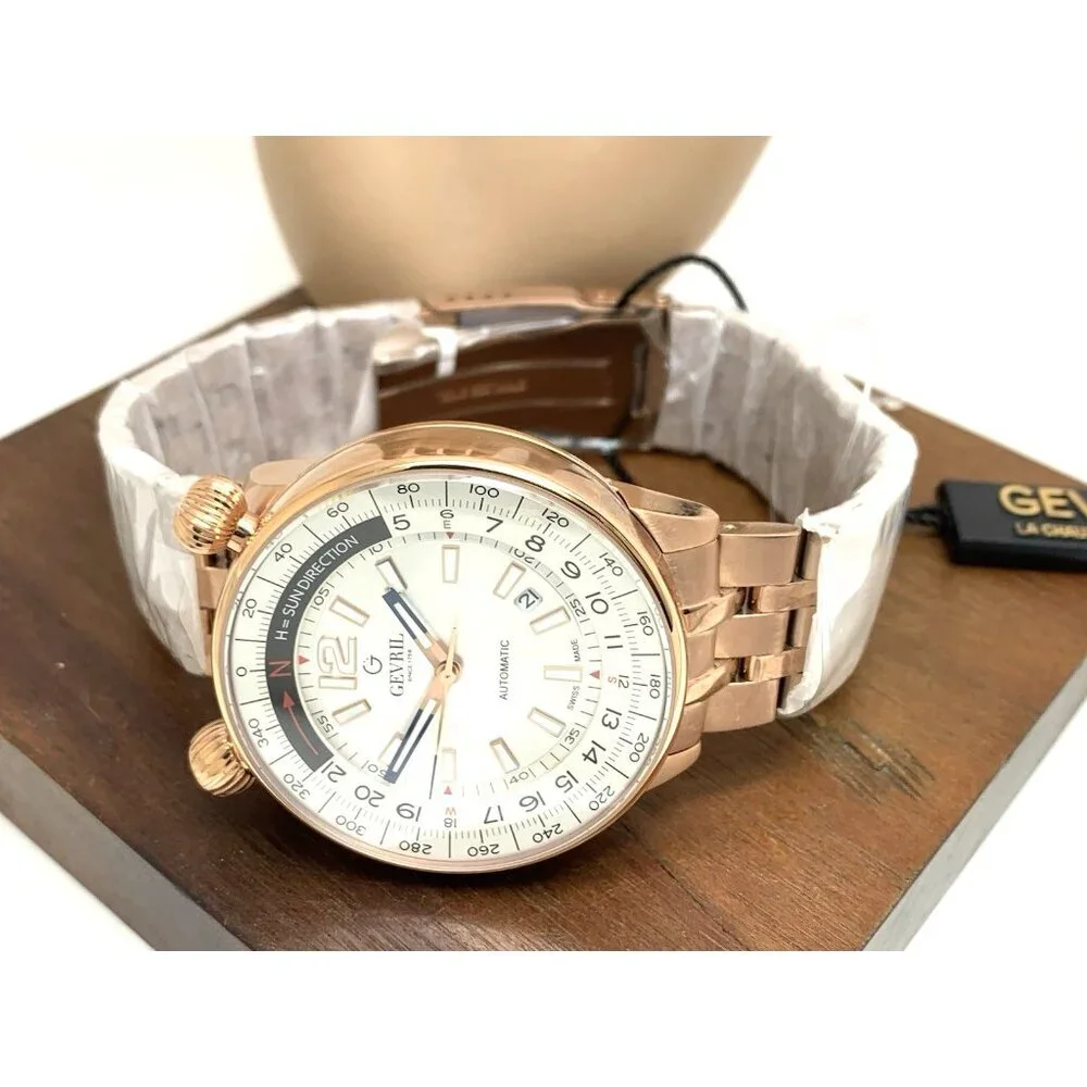Gevril Men's Watch 48564 Swiss Automatic Wallabout Solar Compass Rose Gold 44mm